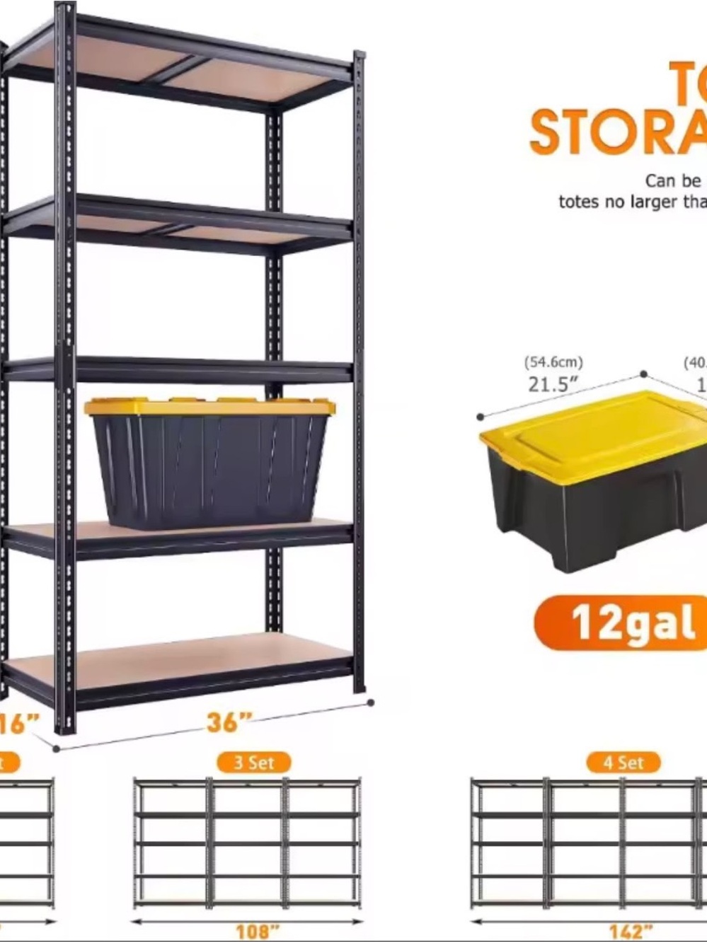 Black Metal Storage Shelving with Yellow-Lid 12 gal Tote